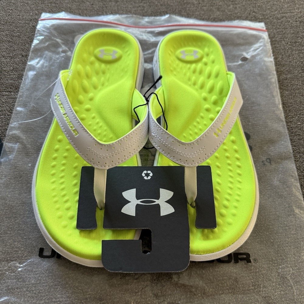 Under Armour  Ignite Pro Marbella Womens 8 White Neon Green Flip Flop Sandals